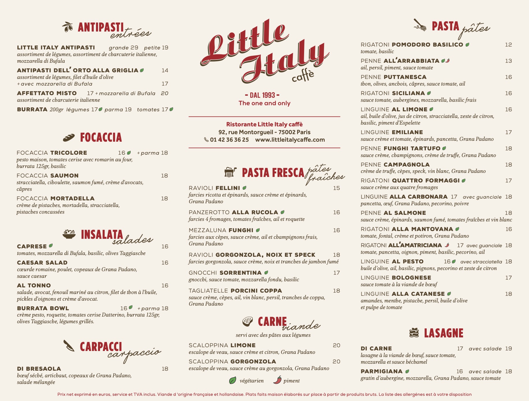Carte du menu